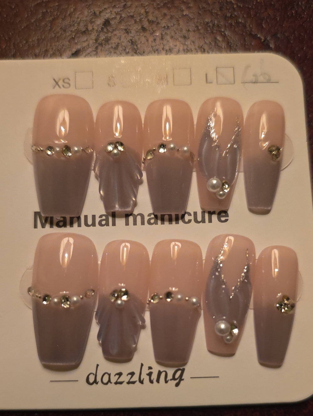 Dazzling Nude & Taupe Press-On Nail Set with Rhinestones Size Large